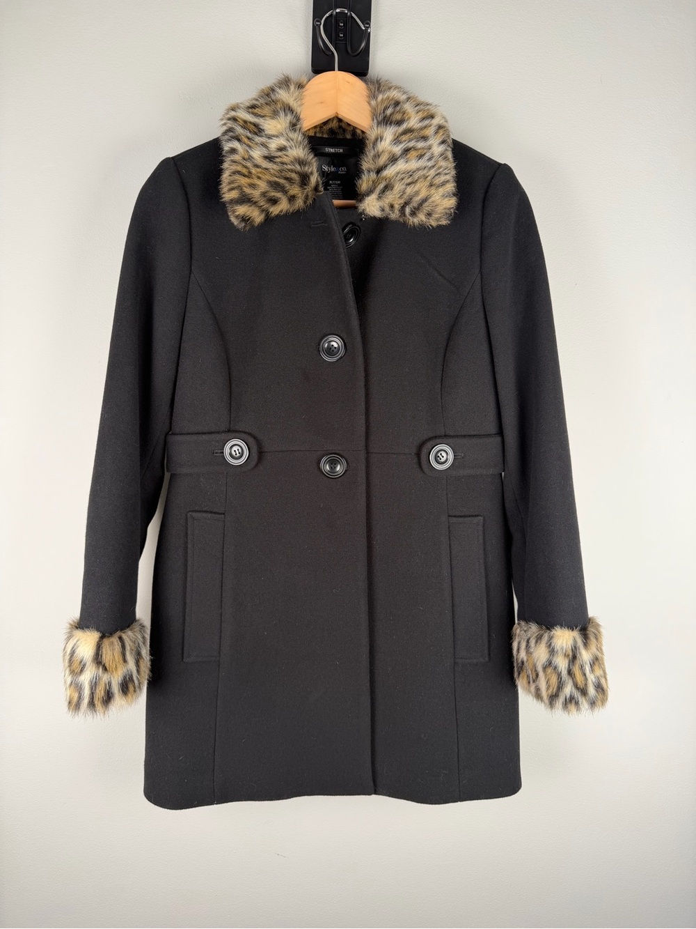 Y2K Petite Black Pea Coat with Leopard-Print Faux Fur Trim